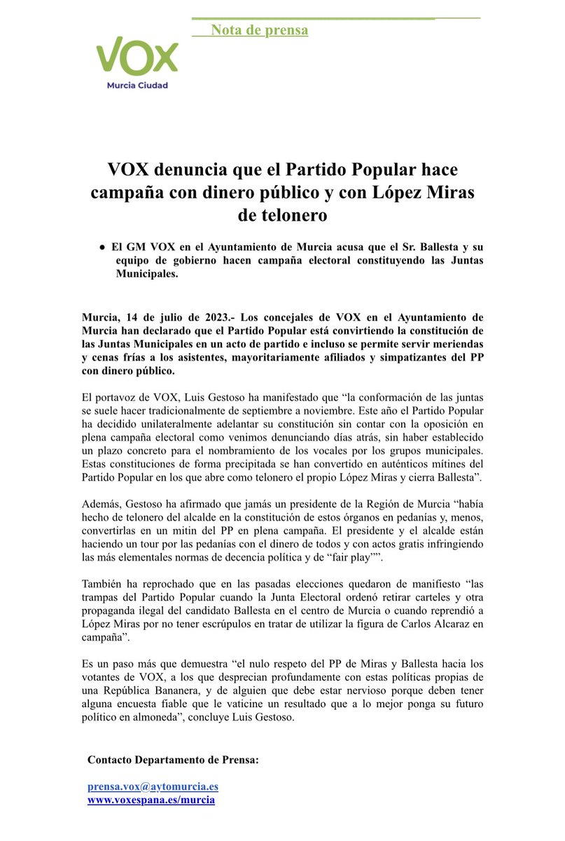 LuisGestoso's tweet photo. Hoy hemos denunciado a la Junta Electoral una nueva trampa del PP : está constituyendo las Juntas Municipales de Murcia sin habernos dado tiempo a @vox_es de nombrar a nuestro centenar de representantes, excluyéndonos, despreciando a nuestros votantes y convirtiéndolas en un acto del PP con @LopezMirasF de telonero con dinero público