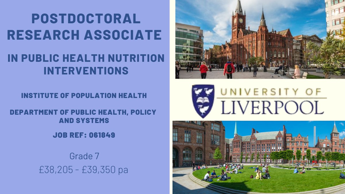 Two posts are available for ambitious post-doctoral researchers with knowledge and understanding of public health nutrition and food insecurity in the UK. @LivUniIPH @LivUniHLS @livunijobs @LivResearcher Full details and how to apply: bit.ly/3PZi8uu