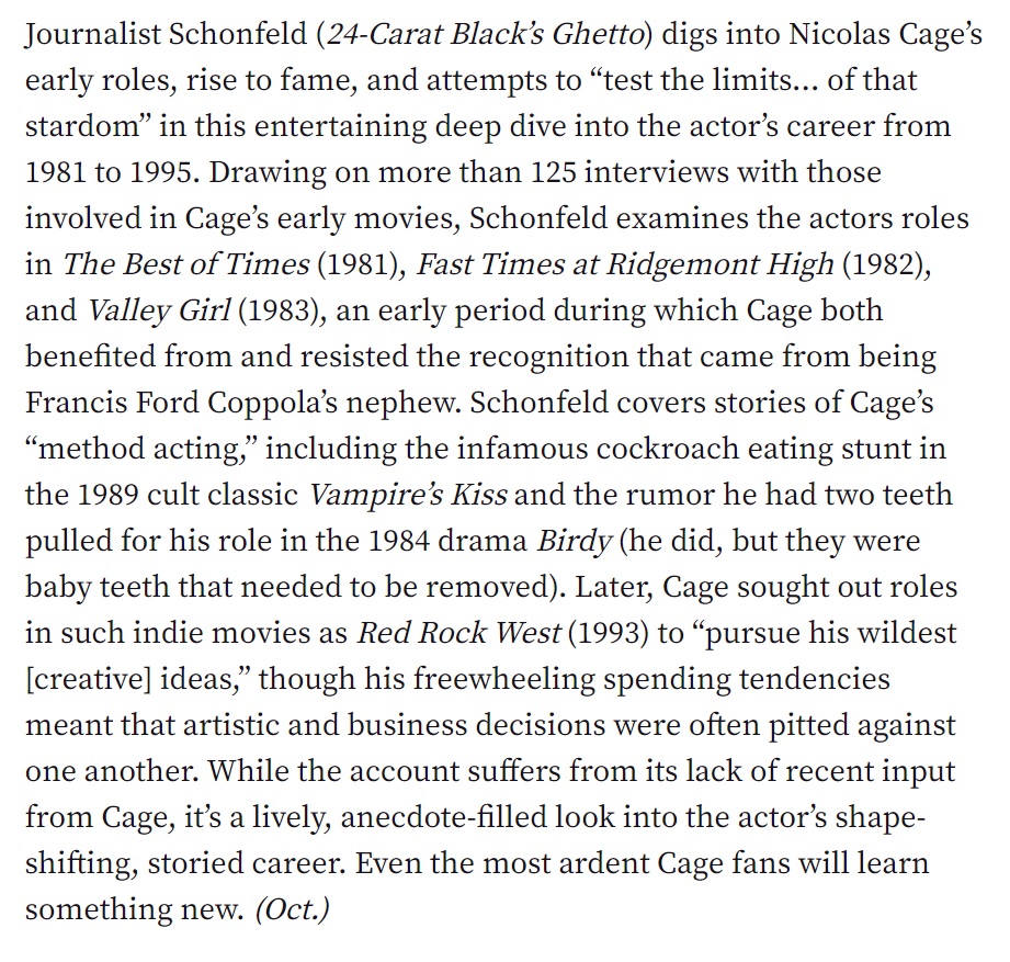 Here's the Publishers Weekly review of my new book.  "Even the most ardent Cage fans will learn something new."