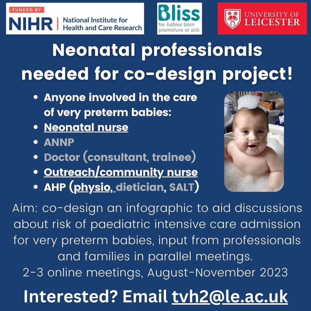 Tim van Hasselt (@tim_van_hasselt) on Twitter photo Had a lot of interest!
Still seeking: Nurse, Outreach/community, Physio!
Co-design infographics - What families of very preterm children need to know about risk of PICU admission?
2-3 online meetings, Aug-Nov 2023
Please share! Email if interested -see below
<a href="/Blisscharity/">Bliss Baby Charity</a> Had a lot of interest!
Still seeking: Nurse, Outreach/community, Physio!
Co-design infographics - What families of very preterm children need to know about risk of PICU admission?
2-3 online meetings, Aug-Nov 2023
Please share! Email if interested -see below
<a href="/Blisscharity/">Bliss Baby Charity</a>