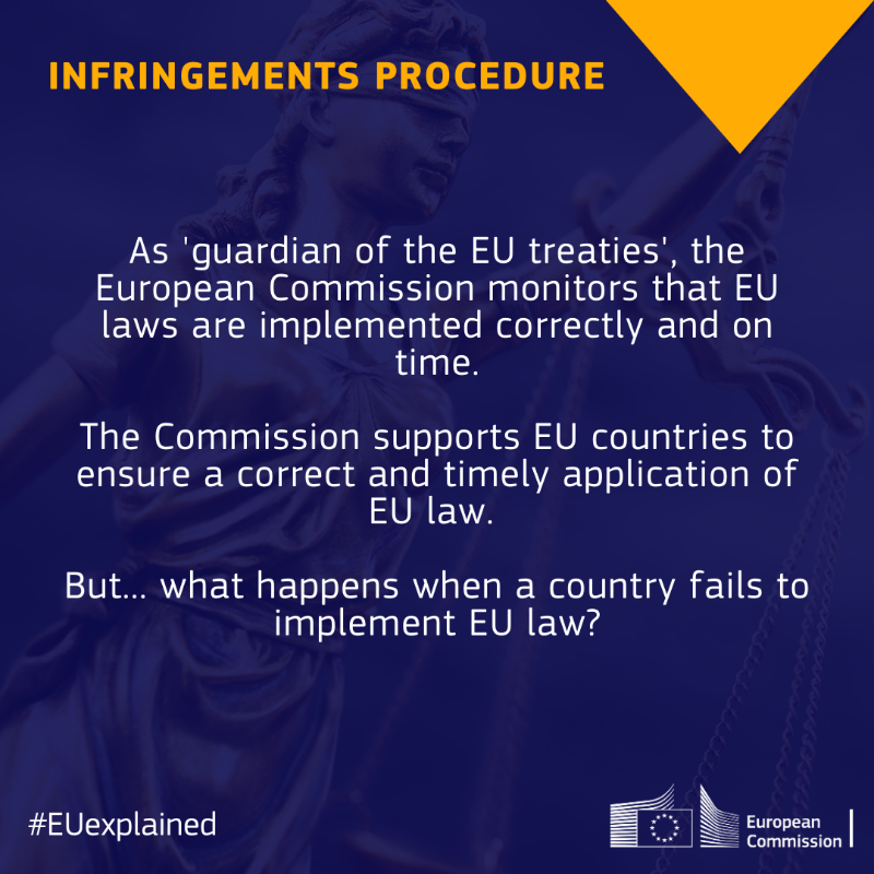 EU_Commission's tweet photo. The European Commission is responsible for monitoring whether EU laws are applied correctly and on time.

What are the different steps of an infringement procedure?

Here we explain more ↓

#EUexplained