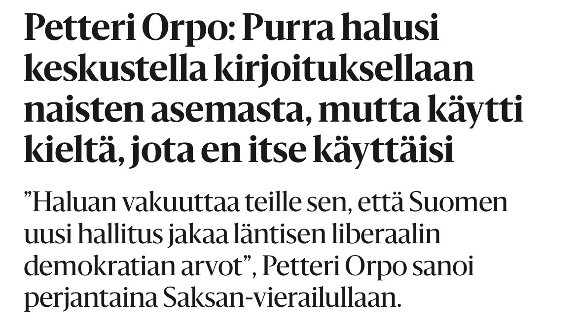 Tässäpä ns. kahvit rinnuksille -otsikko. Näin ”tolkun ihminen” selittää itselleen maailmaa nätiksi ja kiltiksi. Mielelläni kuulisin myös, miten Purra on naisten asemaa pyrkinyt kohtentamaan, paitsi halveksumalla? <a href="/hsfi/">Helsingin Sanomat</a> #RiikkaPurra