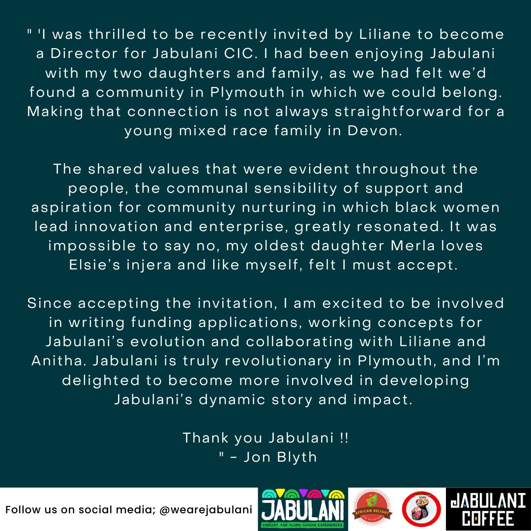 JABULANI (@wearejabulani) on Twitter photo We're excited to welcome Jon Blyth as our new Non-Executive Director! 🎉
Jon played a vital role in our previous events, including our successful Cultural Day event at the <a href="/artsuniplym/">Arts University Plymouth</a> for Black History Month!
Here is what he had to say! 🎉 We're excited to welcome Jon Blyth as our new Non-Executive Director! 🎉
Jon played a vital role in our previous events, including our successful Cultural Day event at the <a href="/artsuniplym/">Arts University Plymouth</a> for Black History Month!
Here is what he had to say! 🎉
