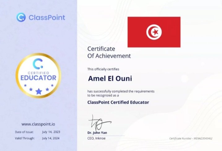 AmelElOuni3's tweet photo. سعيدة جدا بحصولي على لقب معلم معتمدلدى كلاسبوينت #classpoint
#classpointcertifiededucator
#classpointarab #classpointMena
@ajmi_wahiba @MicrosoftEDU #MIEExpert #cnte https://t.co/Ds0oHHbARH