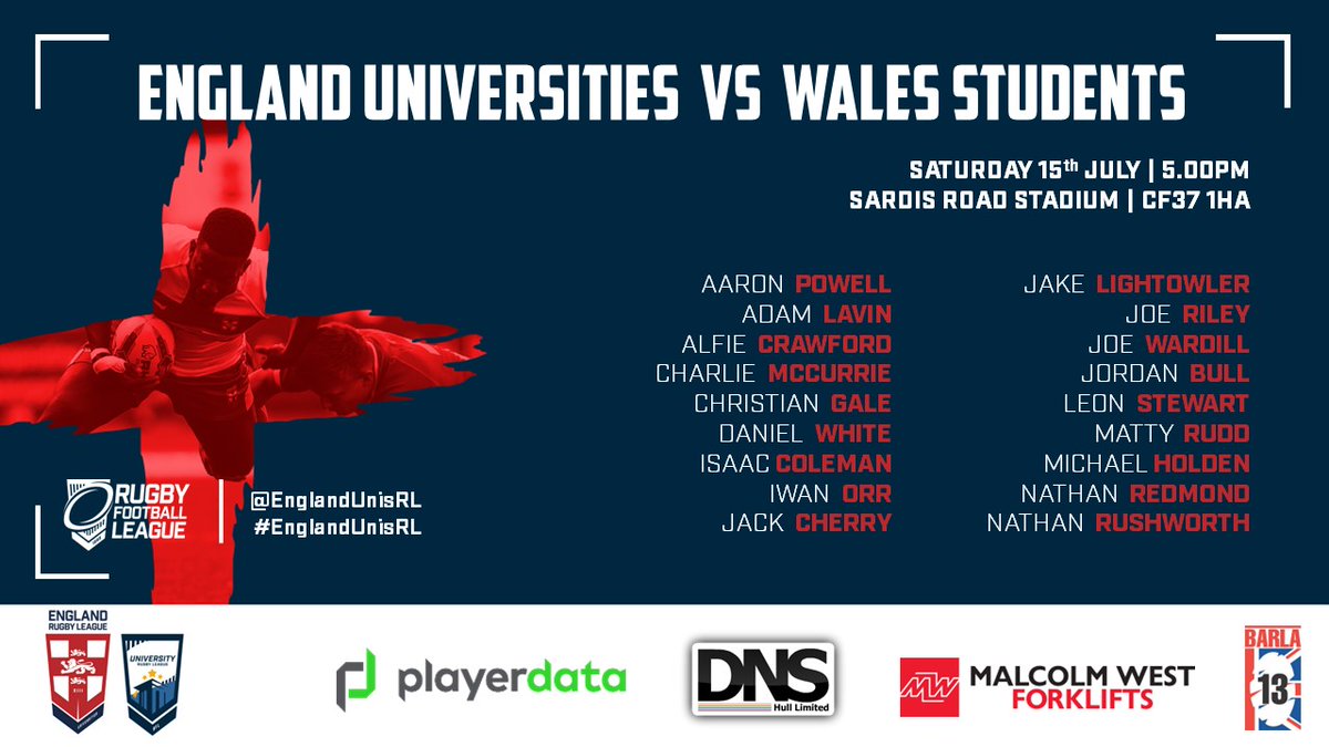 EnglandUnisRL's tweet photo. 2023 Four Nations - Game 3 🏴󠁧󠁢󠁥󠁮󠁧󠁿🆚🏴󠁧󠁢󠁷󠁬󠁳󠁿

Head coach @thekrd7 has named his 18 man squad for tomorrow's final Four Nations game vs @WalesRugbyL!   

👏Congratulations to everyone selected!

#EnglandUnisRL https://t.co/Mqyw9ZIhHt