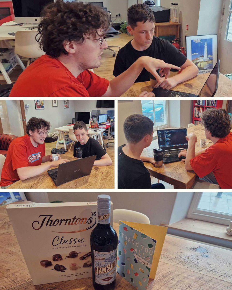 curious12design's tweet photo. James has taken Charlie Proud under his wing this week. Cups of tea in hand, they’ve been delving into the wonderful world of web development and coding. Gifting the team a bottle of Jam Shed and some tasty chocolates, he’s welcome back any time. It’s been a pleasure Charlie! https://t.co/qBh2vhvQhD