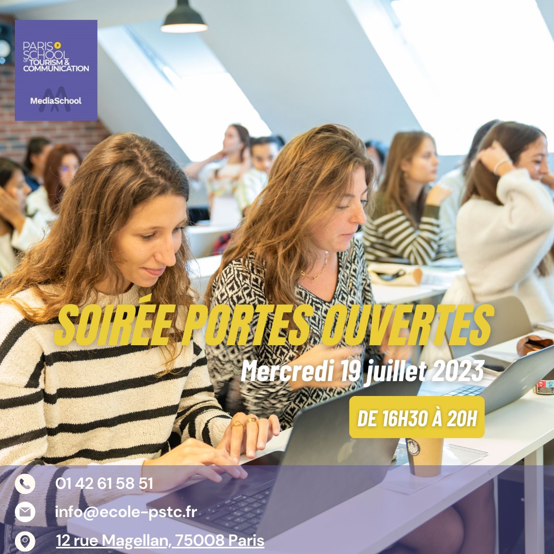 Nous t'invitons à nous rejoindre lors de notre prochaine Soirée Portes Ouvertes le mercredi 19 juillet 2023 de 16h30 à 20h ! 😄

#tourisme #communication #événementiel #ecolepstc #teampstc #rentrée2023