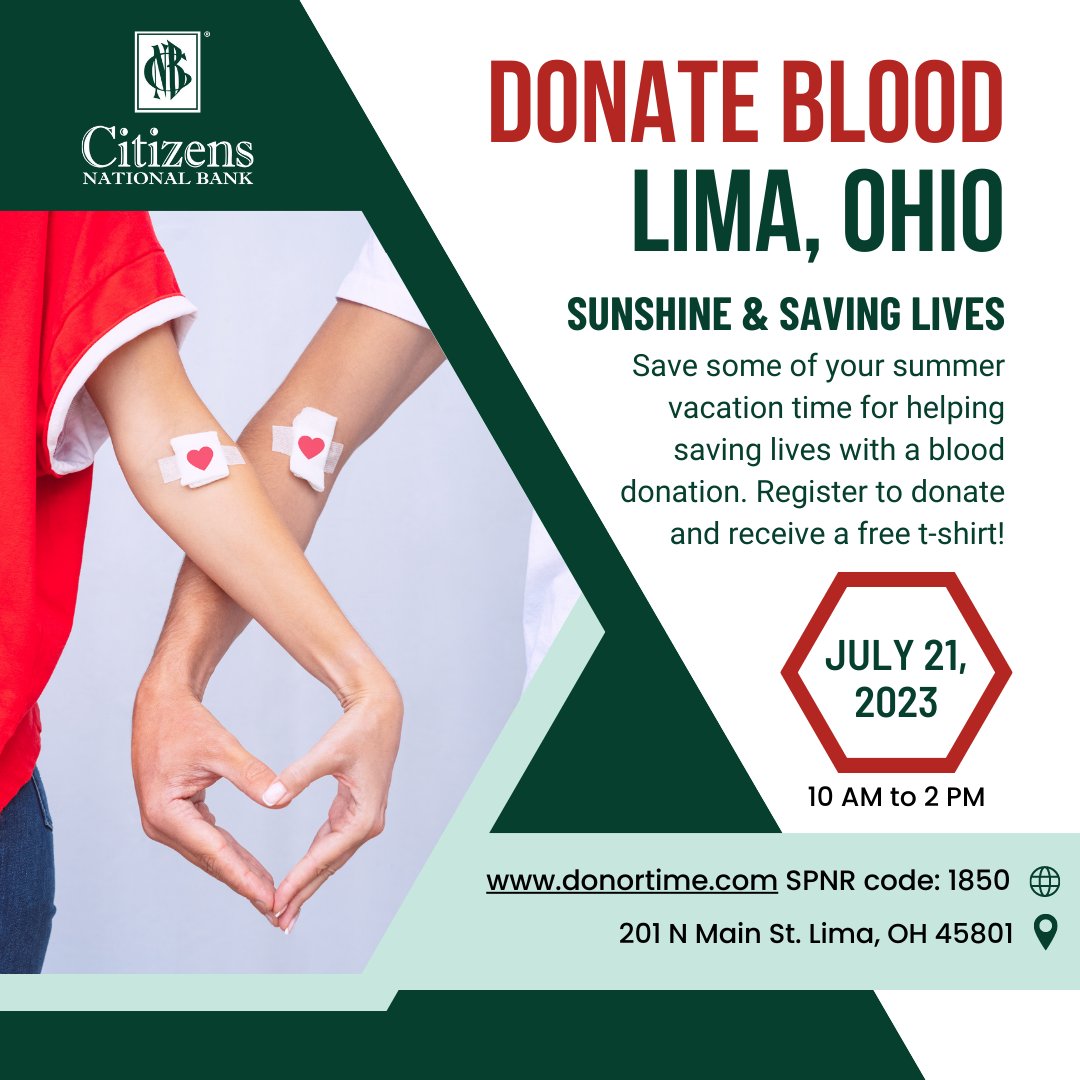 cnbohio's tweet photo. CNB's Lima Office will be hosting a blood drive on July 21 from 10 am - 2 pm. All the blood collected stays in our local communities. Set your appointment and support this great cause!

#communitybank #banklocal #banking #golocal #finance #blooddrive #savelives #donateblood https://t.co/BwGydoSZJP