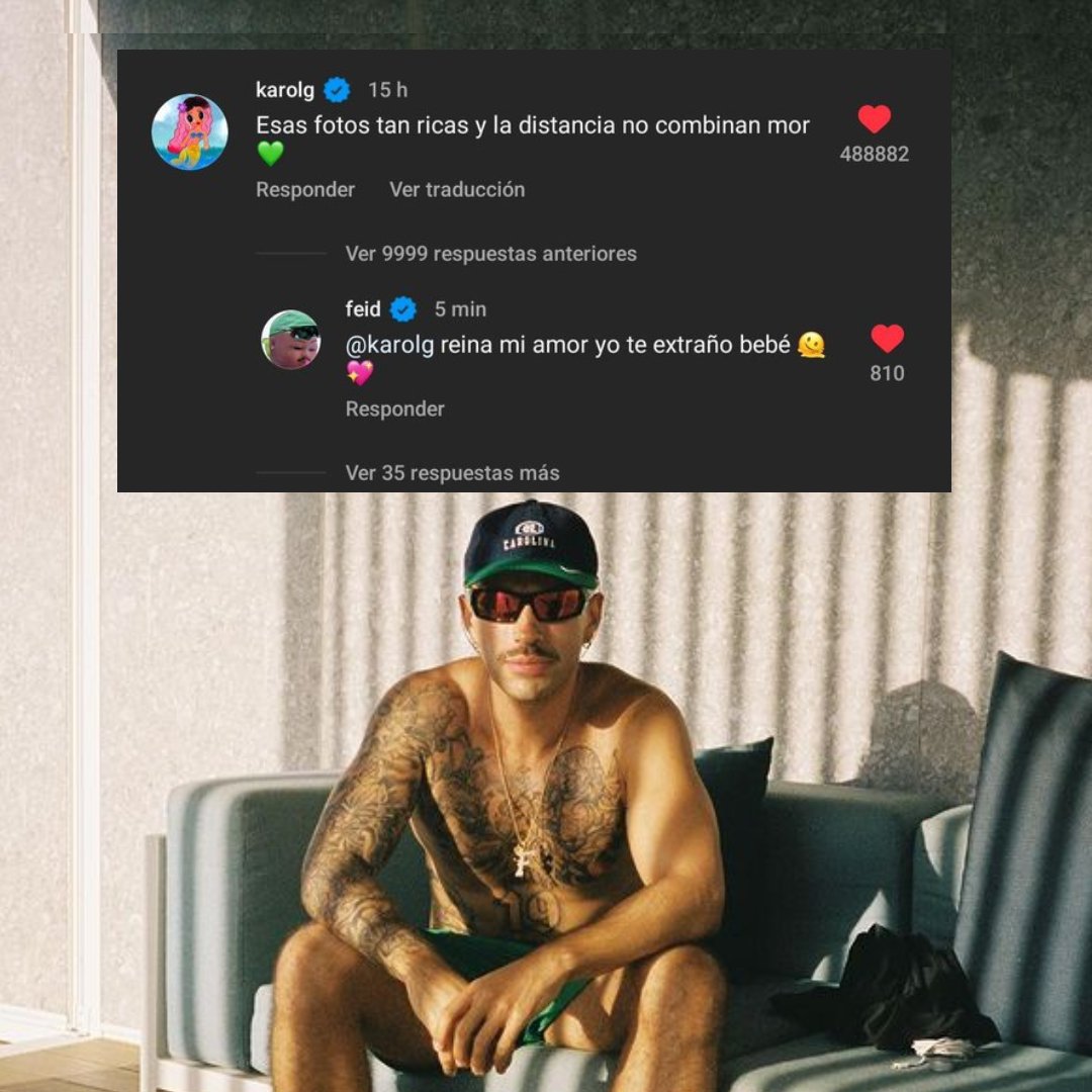 Feid le responde el comentario a Karol G en el post de Instagram. 💚🩷