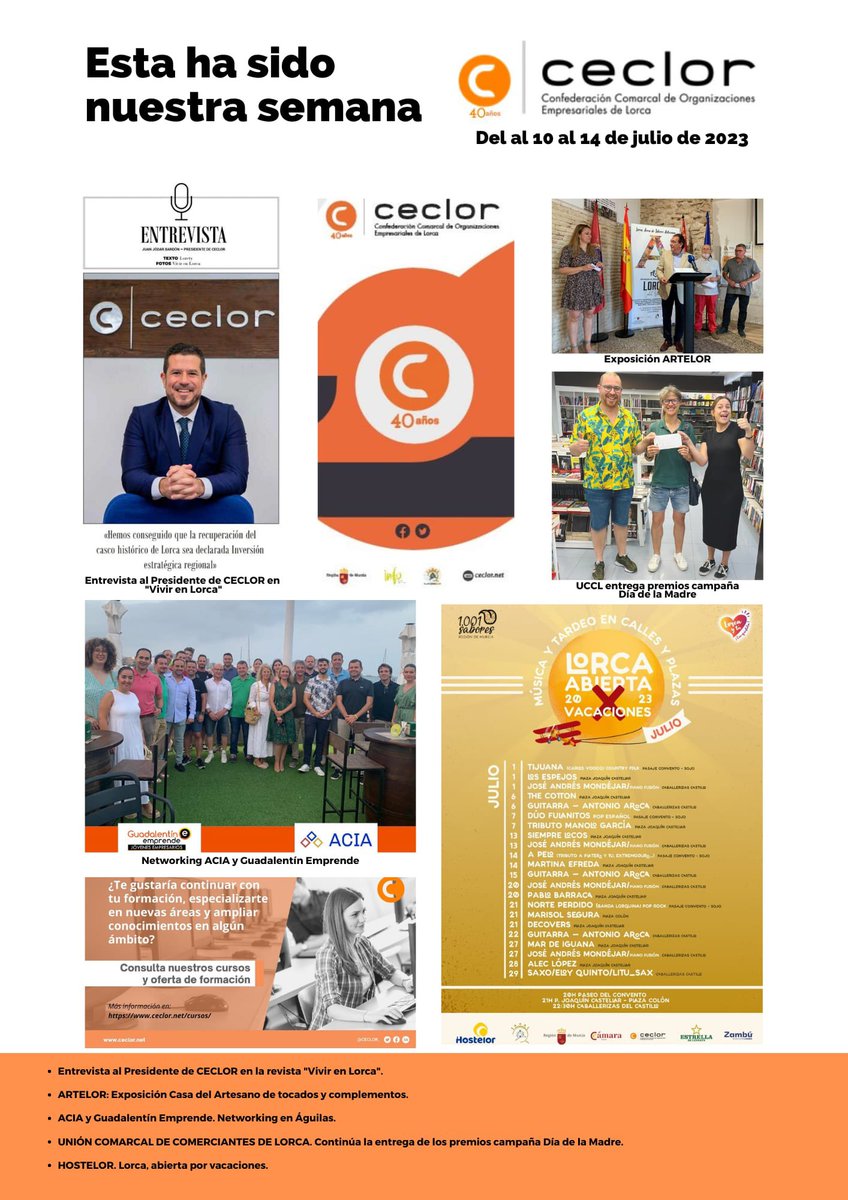 CECLOR_'s tweet photo. 📷Resumen de nuestra semana:

✅Exposición Casa del Artesano de #ARTELOR

✅@UcclDe entrega premios de la campaña Día de la Madre

✅Entrevista a nuestro Presidente @juan_jodar en la revista “Vivir en Lorca”

✅Networking en Águilas de @AciaAsoc y @GuadalentinEmpr 

👇Y mucho más https://t.co/rbKhsjFZ58