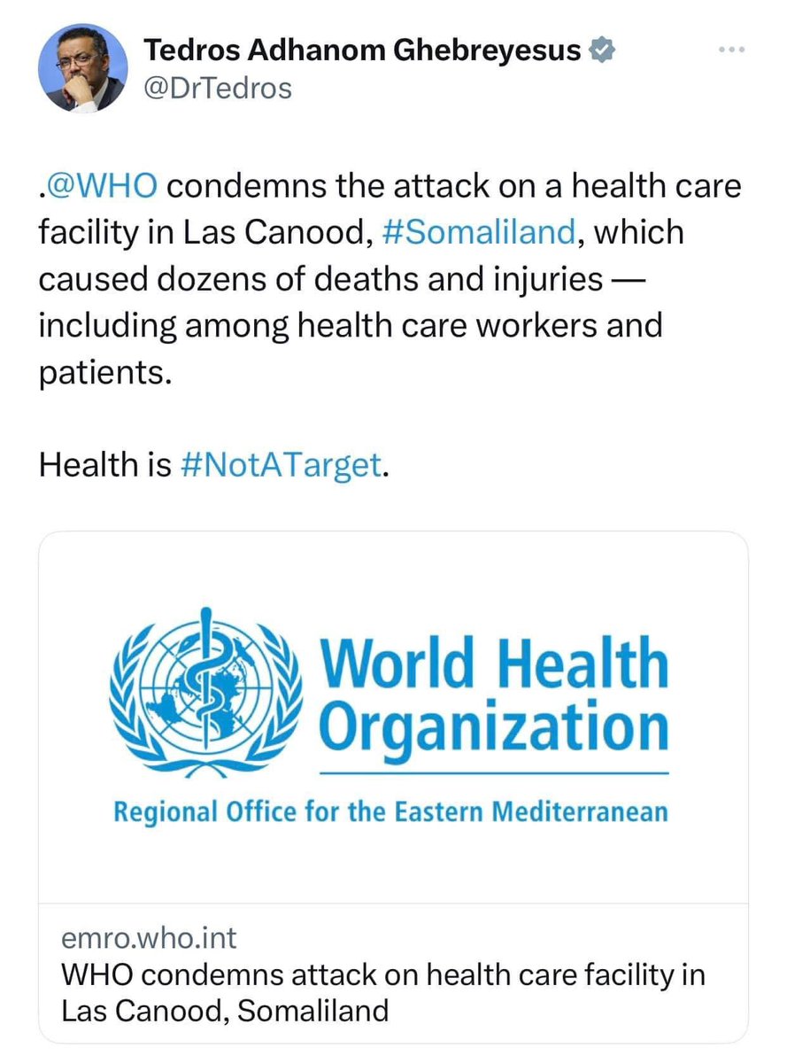 MohaAlfa1's tweet photo. Hay’adda Caafimaadka addunka ee WHO , aya cambareysey werarki madaficda loo adeegsaday ee Somaliland la beegsatay isbitaalka magaalada Laascanod .
Madaxa WHO, Tedros Adhenom ayaa shegay in werarkasi u sababay tobanan dhimasho iyo Dhawac Ah
@GaraadMukhtaar @WHO @UNHumanRights @UN https://t.co/LUCP7Uf31Z