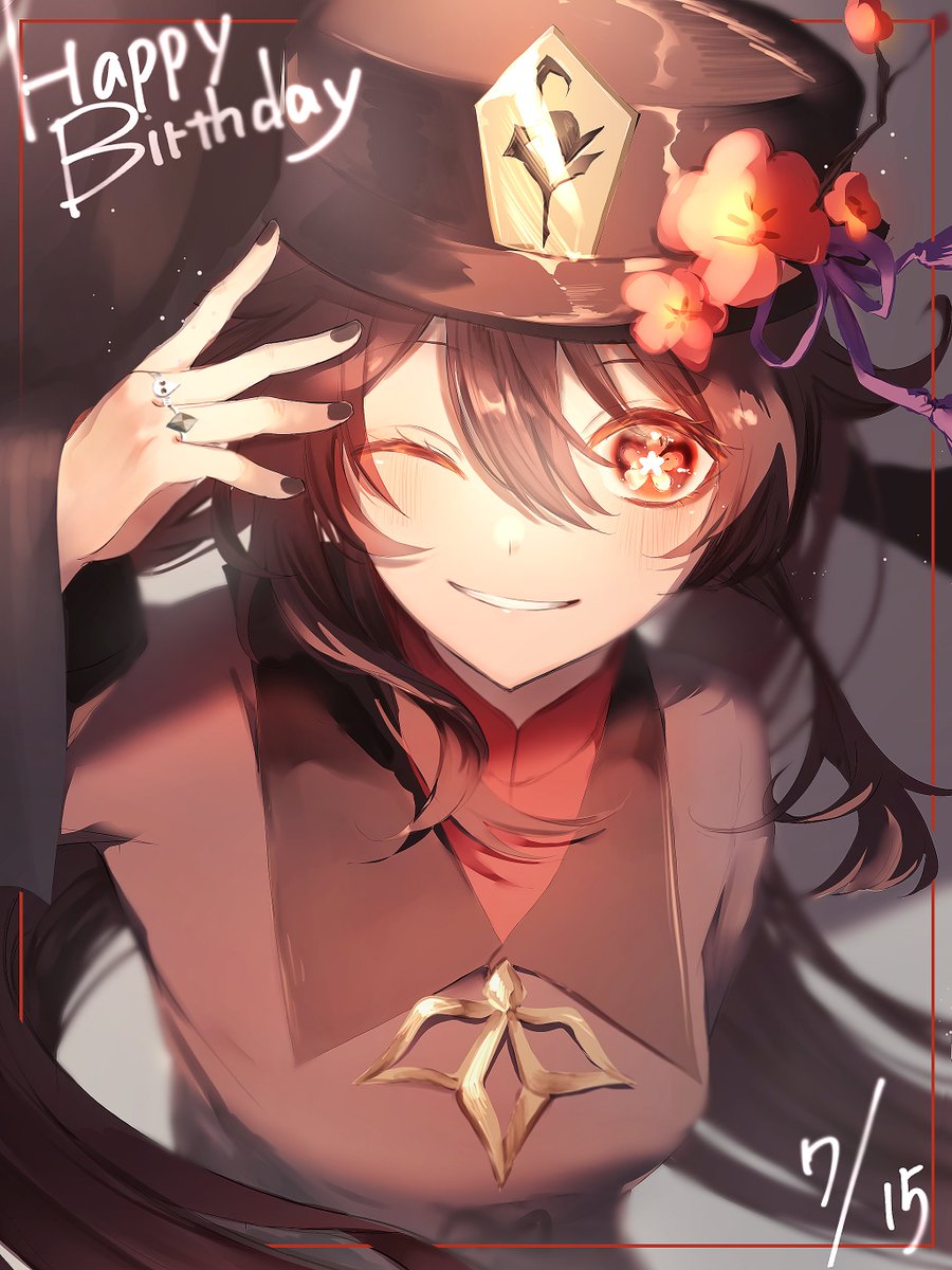 hu tao (genshin impact) 1girl one eye closed hat flower jewelry smile solo  illustration images