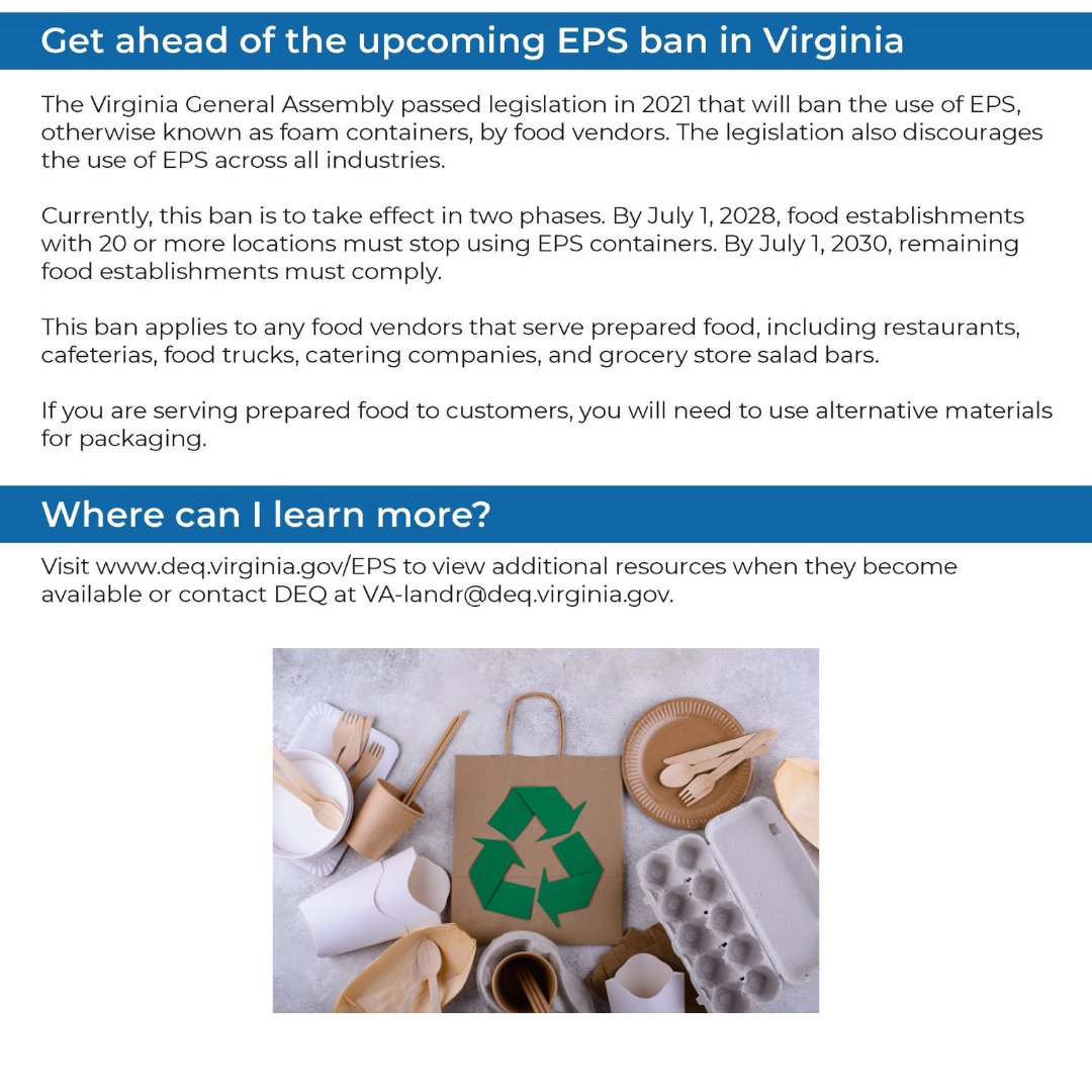 CleanValley's tweet image. It's time to consider alternatives to EPS (part 3 of 3)! 
EPS will soon be banned in Virginia. By July 2028, large food establishments with more than 20 locations will have to stop using EPS with the rest of the food vendors discontinuing use by July 2030.conta.cc/43iE9rn