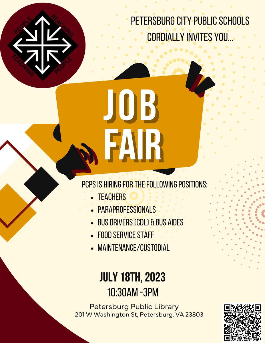 pcps_va's tweet photo. PCPS is recruiting for critical vacancies in July/August! 🎉 Teachers, paraprofessionals, bus drivers, food service staff, maintenance workers, &amp; custodians needed. 📣 Join us at our job fairs &amp; join our team to serve our students! Register today! #OnePetersburg #PCPSJobs https://t.co/GbPh1JVlbG