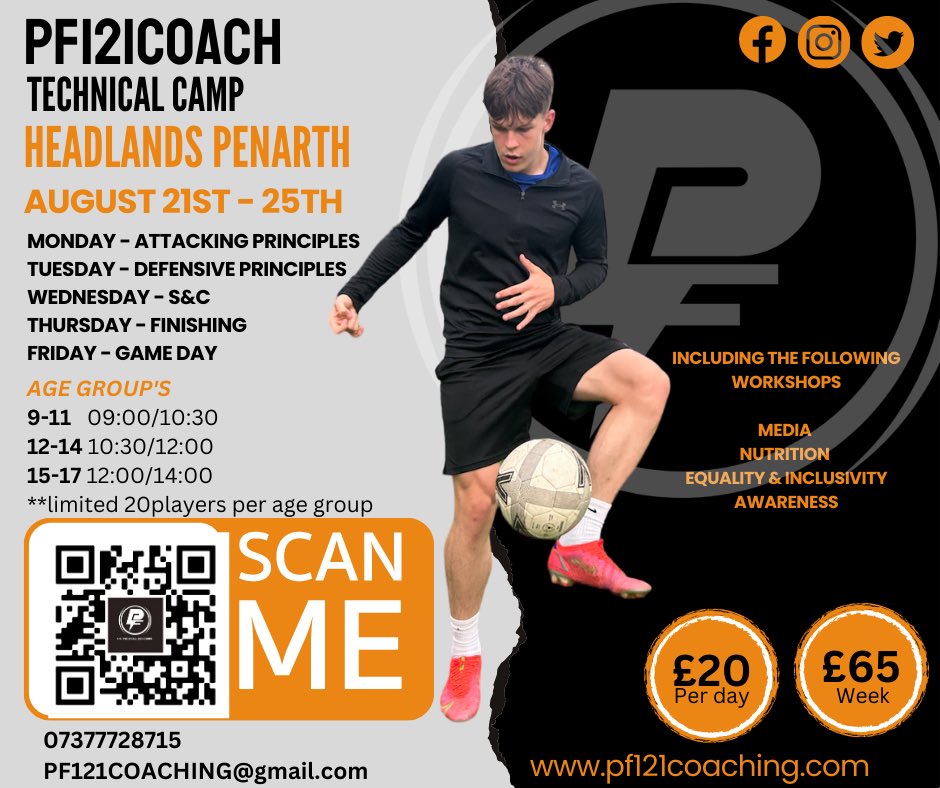 PF121Coach's tweet photo. ‼️ PF121 Technical Camp August 21st -.

All sessions have been designed around the @PF121Coach game model and indIvidual development  programme. 

Players must be minimum WPL Academy or currently participating at PF121 to attend. 

Scan the QR code or DM to secure booking! 🏡⚽️ https://t.co/h1tLqjVeAU
