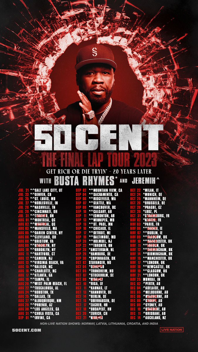 THE FINAL LAP TOUR celebrating GET RICH OR DIE TRYIN’ – 20 YEARS LATER with <a href="/BustaRhymes/">Busta Rhymes</a> and @jeremih
 kicks off next week! Get your tickets now. See you at the show • 50CENT.com