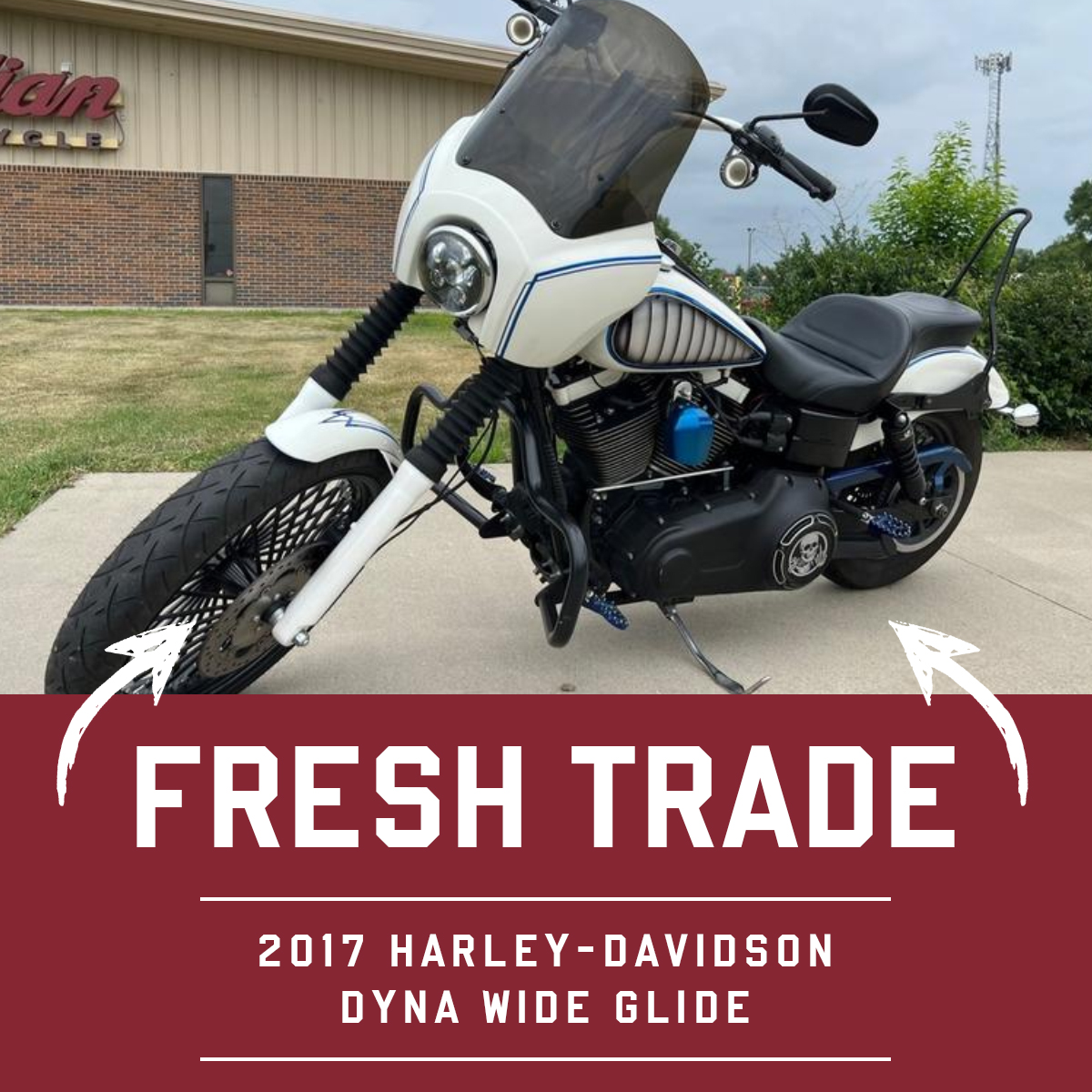 IndianDSM's tweet photo. Custom ballin' on a stock budget? We got you. Check out this 2017 Harley-Davidson Dyna Wide Glide, fresh on the floor at Indian Motorcycle DSM! It's got a super unique style that's sure to stand out above the rest, plus extras to make sure you're comfy while you wow the crowd. https://t.co/Tva2PCHjkt