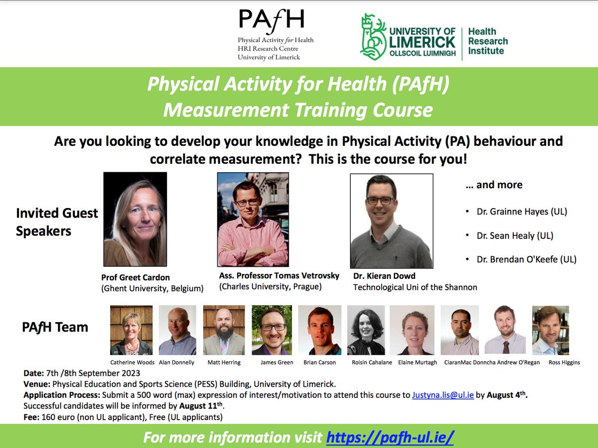 Are you looking to develop your knowledge in the Physical Activity behaviour and correlate measurement?

📅 7th - 8th September 2023

📍 PESS, University of Limerick

Apply for this training course before the 4th August!

#PAfH #HRI #PhysicalActivity #Research #PESSUL #Ireland