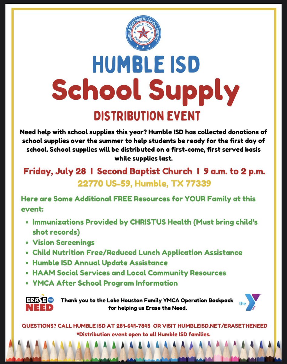 Maplebrook Counselor (@counselormbe) on Twitter photo Humble ISD School Supply Distribution Event is coming Friday, July 28 from 9-2 at Second Baptist Church! Get your school supplies, needed immunizations, vision screenings, community resources and more. <a href="/HumbleISD_MBE/">Maplebrook Elem</a> #mbeisfamily Humble ISD School Supply Distribution Event is coming Friday, July 28 from 9-2 at Second Baptist Church! Get your school supplies, needed immunizations, vision screenings, community resources and more. <a href="/HumbleISD_MBE/">Maplebrook Elem</a> #mbeisfamily