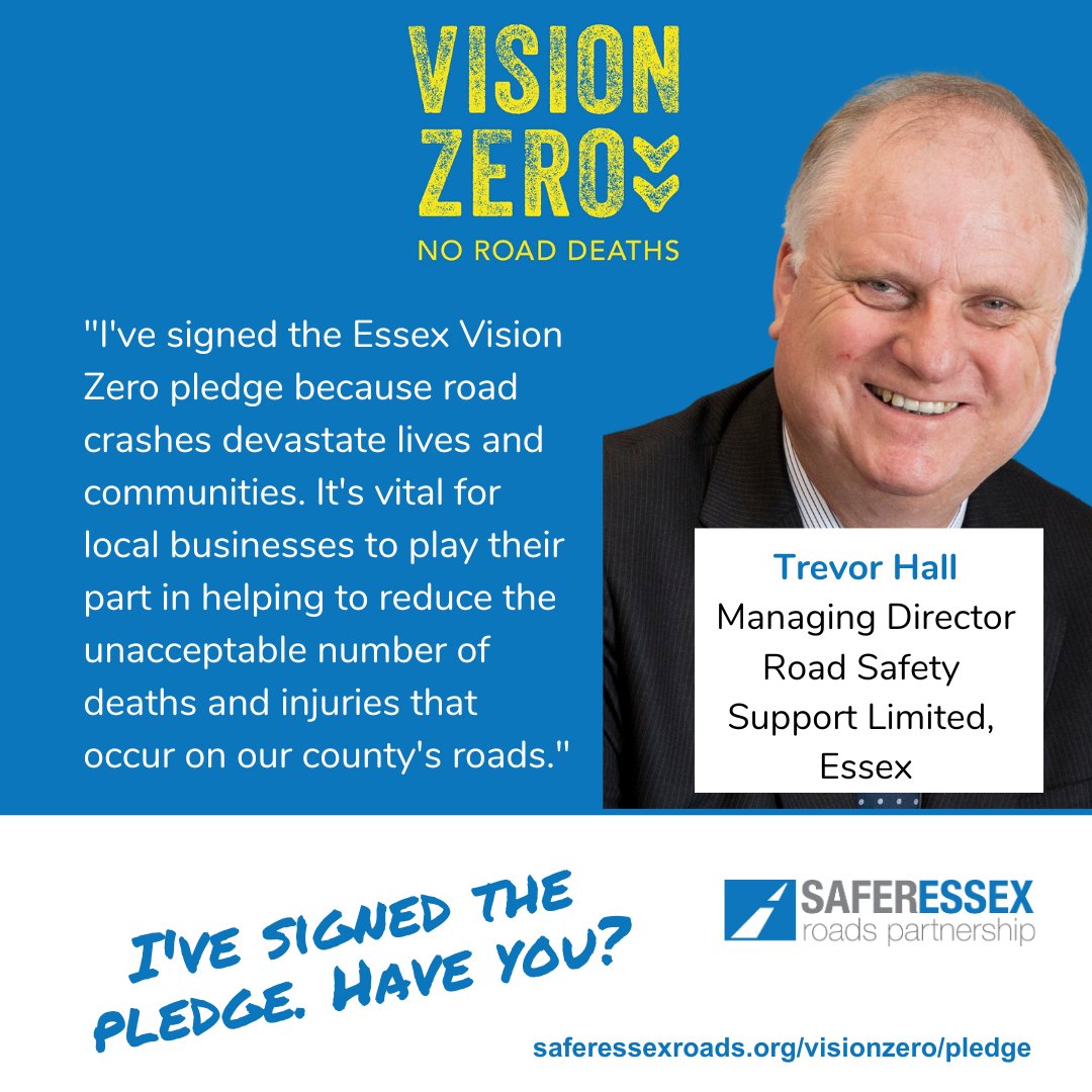 Vision Zero is the ambition to reduce Essex road deaths and serious injuries to zero, by 2040, or sooner.

This target is only achievable through collective responsibility.

Our Vision Zero pledge demonstrates a shared objective to enhance road safety.

Visit: