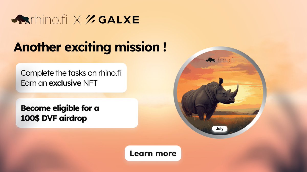 We have just launched our first-ever loyalty program on <a href="/Galxe/">Galxe</a> 🎉

Now you can be rewarded in $DVF for completing the activities you would do every day on #rhinofi 🤑

Complete missions, earn an exclusive NFT, and win some sweet #DVF 👇
galxe.com/rhinofi/campai…