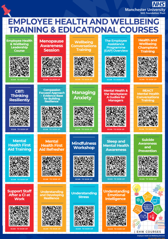 When did you last take a look at the EHW Service training and educational courses being delivered?
There's loads!
Menopause awareness, EAP Overview, Mindfulness, Wellbeing Conversations.....
Open your camera on your phone, hover it over the QR code and click the link!