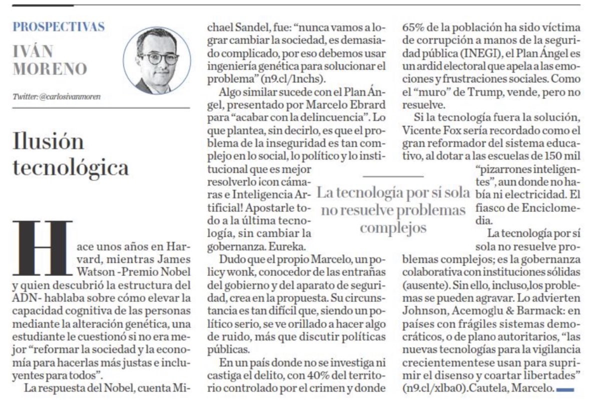En un país plagado de corrupción y donde no se investiga el delito, el Plan Ángel de Ebrard es simplista y peligroso

Tanto en seguridad como en educación, apostarle todo a la última tecnología, sin cambiar la gobernanza, es falaz

Vende, pero no resuelve
milenio.com/opinion/carlos…