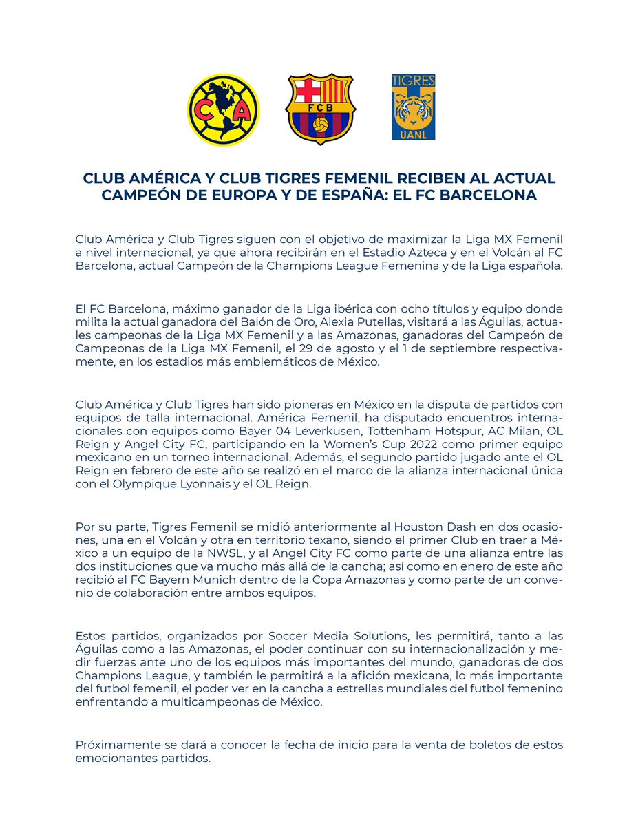 📝 | Comunicado Oficial América y Tigres Femenil reciben al actual campeón de Europa y de España: El FC Barcelona. @AmericaFemenil 🤝 @TigresFemenil 🤝 @FCBfemeni