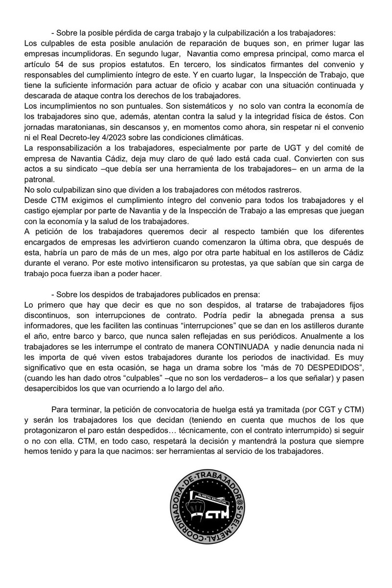 El metal es lo suficientemente duro como para q no te queden fuerzas para nada más. Si las sacas para pelear, es que algo grave está pasando. Repugna leer como la patronal y sus secuaces pretenden culpar a padres de familia. Os dejo el comunicado de @CTM97560609 ✊