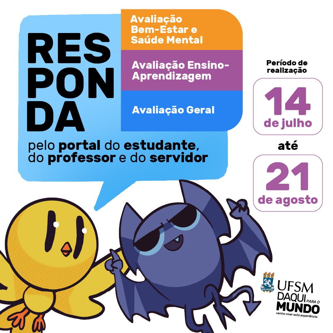 UFSM_oficial's tweet photo. 🥰 Chegou aquela hora do semestre...aquela hora que a gente mais gosta de ouvir tua voz!

Neste semestre,  3 avaliações estão disponíveis: Avaliação Ensino-Aprendizagem, Avaliação Geral e Avaliação Bem-estar e Saúde Mental. 

Você tem de de 14/07 a 21/08 para responder! 🗓️ https://t.co/DtO2cqPp5i