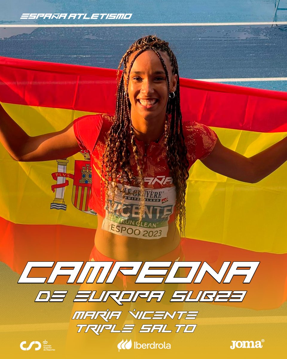 atletismoRFEA (@atletismorfea) on Twitter photo 𝑼𝒏, 𝒅𝒐𝒔, 𝒕𝒓𝒆𝒔, 𝒔𝒂𝒍𝒕𝒐 𝒚 𝒂 𝒗𝒐𝒍𝒂𝒓
CAMPEONA DE EUROPA SUB23 de triple
<a href="/mariiaviicentee/">Maria Vicente</a> 1⃣4⃣.2⃣1⃣
No se baja de lo más alto del podio
📺<a href="/allathleticstv/">All Athletics</a> bit.ly/44nsRU0
📊bit.ly/46LH0vE
#Espoo2023
#EspañaAtletismo #PasiónPorCompetir 𝑼𝒏, 𝒅𝒐𝒔, 𝒕𝒓𝒆𝒔, 𝒔𝒂𝒍𝒕𝒐 𝒚 𝒂 𝒗𝒐𝒍𝒂𝒓
CAMPEONA DE EUROPA SUB23 de triple
<a href="/mariiaviicentee/">Maria Vicente</a> 1⃣4⃣.2⃣1⃣
No se baja de lo más alto del podio
📺<a href="/allathleticstv/">All Athletics</a> bit.ly/44nsRU0
📊bit.ly/46LH0vE
#Espoo2023
#EspañaAtletismo #PasiónPorCompetir