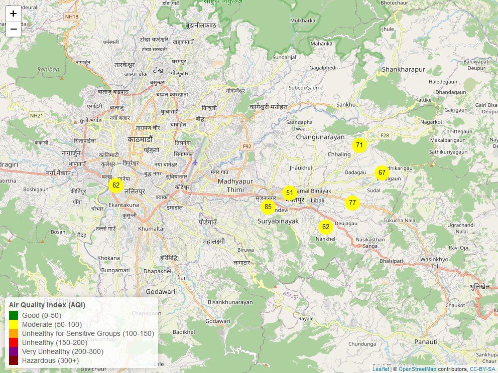 DisasterNepal's tweet photo. Real-time Air Quality Index (AQI) for the Kathmandu Valley. Data source: Purple Air. Updated at 2023-07-14 21:00:13 NPT. #airquality #Kathmandu https://t.co/9hGcpbD7WF