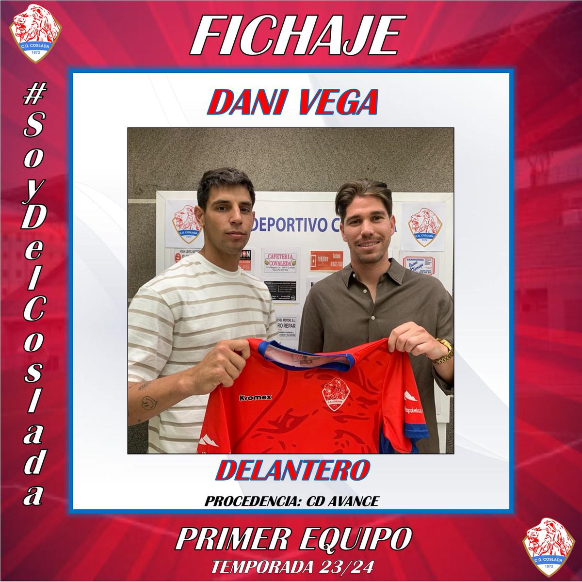 PRIMER EQUIPO| ¡DANI VEGA ES NUESTRO PRIMER FICHAJE ✍🏻 PARA LA TEMPORADA 2023/2024!

Nuestro nuevo delantero, que cumplirá 26 años en agosto, procede del <a href="/cdavance/">C.D.Avance</a> y la pasada temporada anotó 2️⃣0️⃣ goles en el Grupo 2️⃣ de Primera Aficionados.

¡Bienvenido <a href="/DaniVS97/">Danii10</a>! 🦁❤️💪🏻