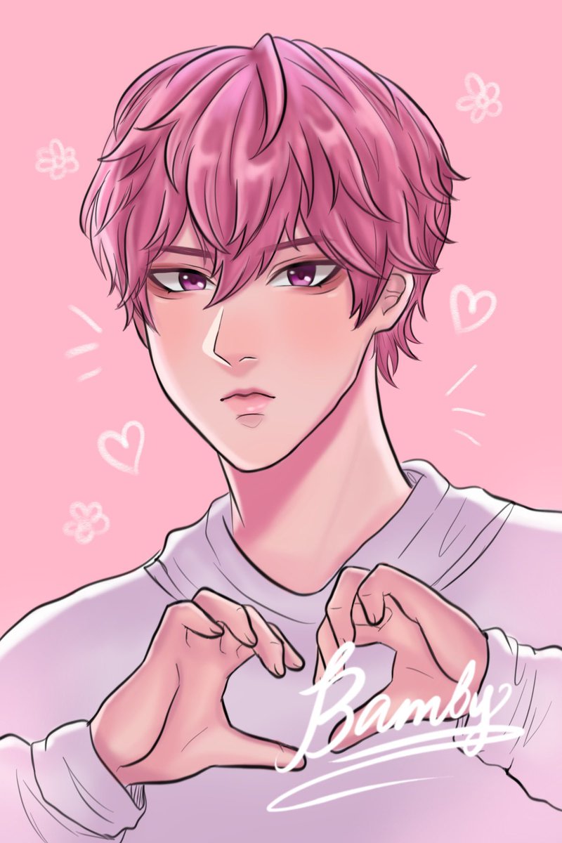 1boy male focus pink hair heart heart hands solo pink background  illustration images