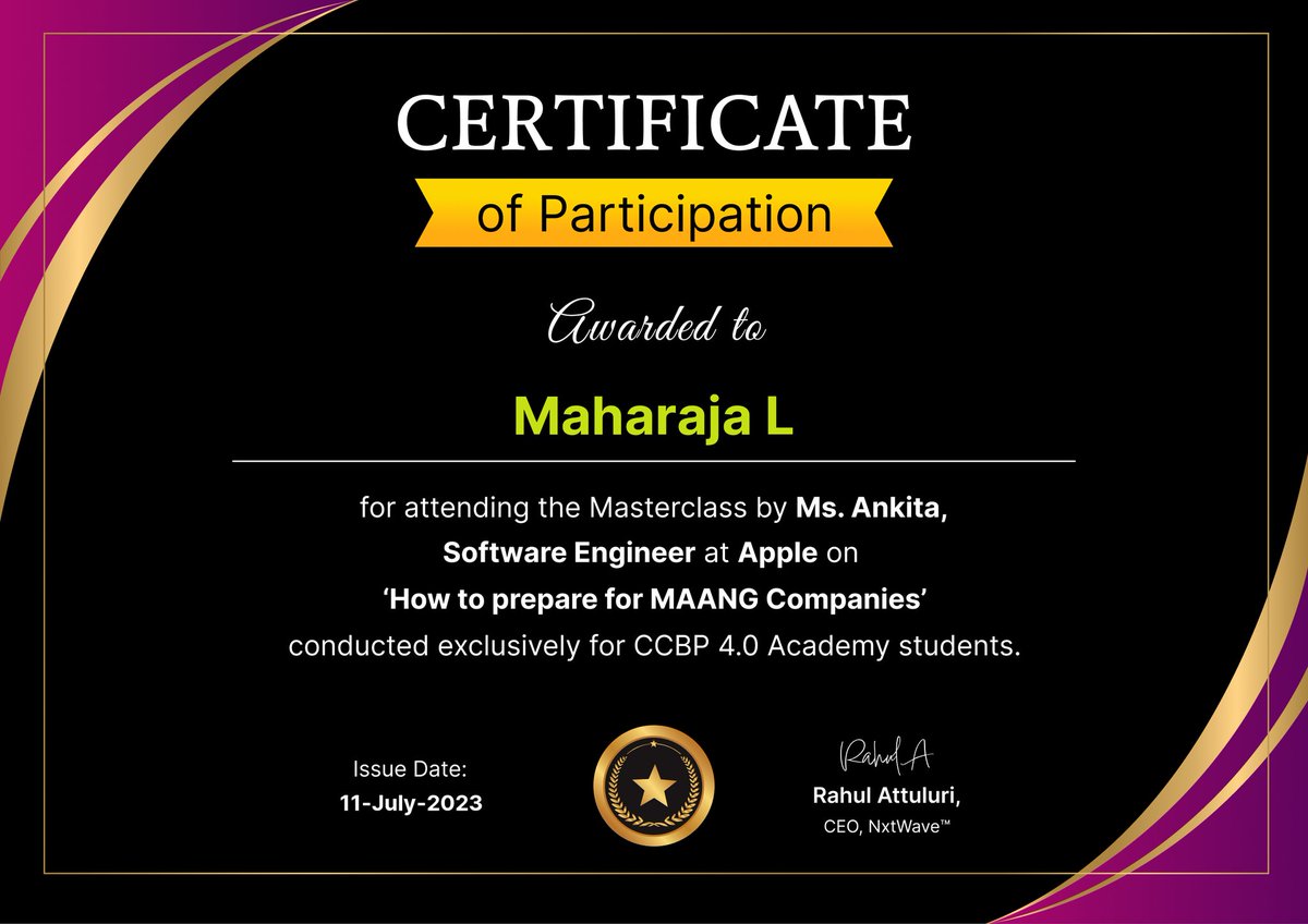 Maharajal36's tweet photo. Hello Everyone.. ☺

I have received a certificate 📜 of participation in the Masterclass Ms. Ankita,
Software Engineer at Apple on,

"How to prepare for MAANG Companies"

TNX ❤

#ccbp #nxtwave #podcast #ccbpan #nxtwaveteam #ccbpacademy #rahulattuluri #Apple #maang #preparation https://t.co/WS27dFkj8y
