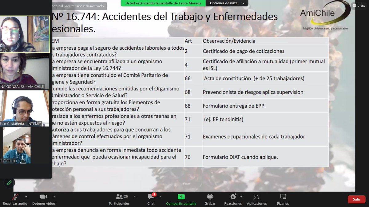AmiChileAG's tweet photo. Conectados en el taller práctico ”Normativa de Higiene y Seguridad y ASC en centros de cultivo y captación”, impartido por el Centro de Extensionismo para el Mitilicultor, #CEM, y Laura Moraga Monsalve, ingeniera en prevención de riesgos, calidad y ambiente. #LosLagos https://t.co/vTCDpDgWmX