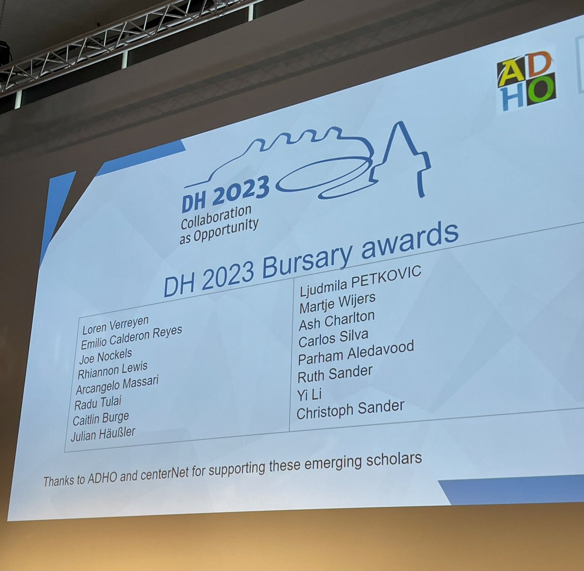 ADHOrg's tweet photo. @DianeJakacki announces at the closing ceremony of @DH2023Graz the winners of the travel bursary awards. #dh2023 https://t.co/YbTITktW6V