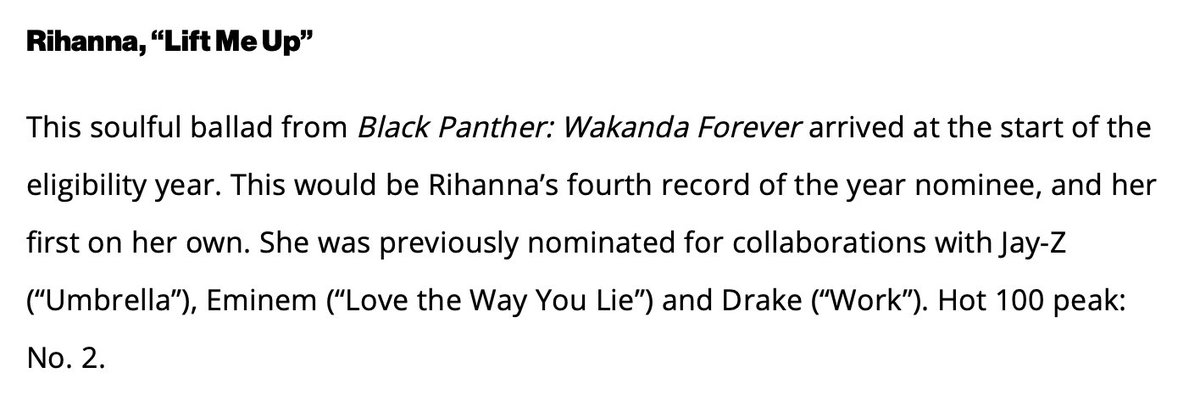 FentyStats's tweet photo. .@billboard predicts @rihanna's "Lift Me Up" will be nominated for both Record Of The Year and Song Of The Year at the 2024 Grammy Awards. https://t.co/r3070h1Ofe