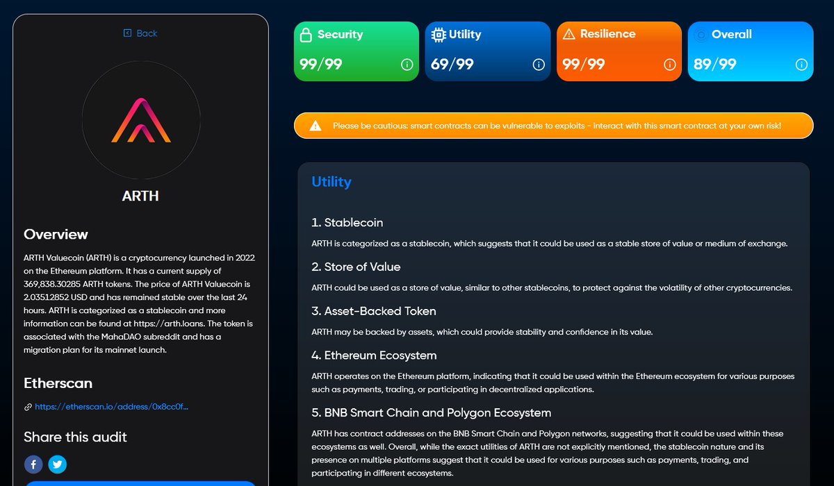 cryptoDspace's tweet image. The AI analysis of @TheMahaDAO's unique valuecoin $ARTH showed no vulnerabilities. The rating is great!👍

Security: 99/99🛡️
Utility: 69/99🛠️
Resilience: 99/99
Overall: 89/99
👀 Audit: app.arc.market/audit/64adbc2d…

#ARCAudits #SwapsAI #ARTH #MAHA #crypto #AI