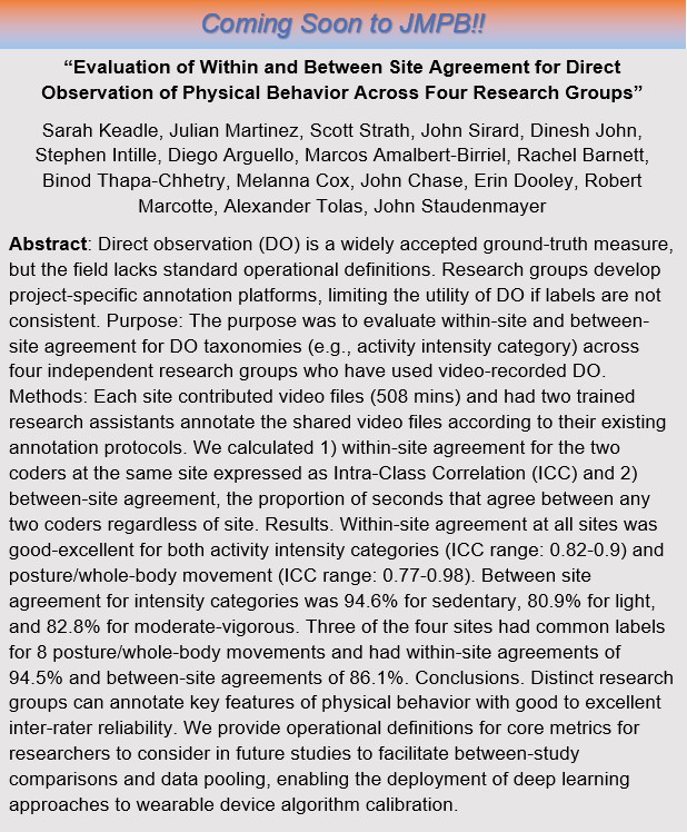 🤩Just Accepted!
🤝Curious about within & between site #agreement of #DirectObservation? 
This new study found good to excellent agreement among distinct groups and offers operational definitions for core metrics for future studies. 
@kozey_keadle et al.