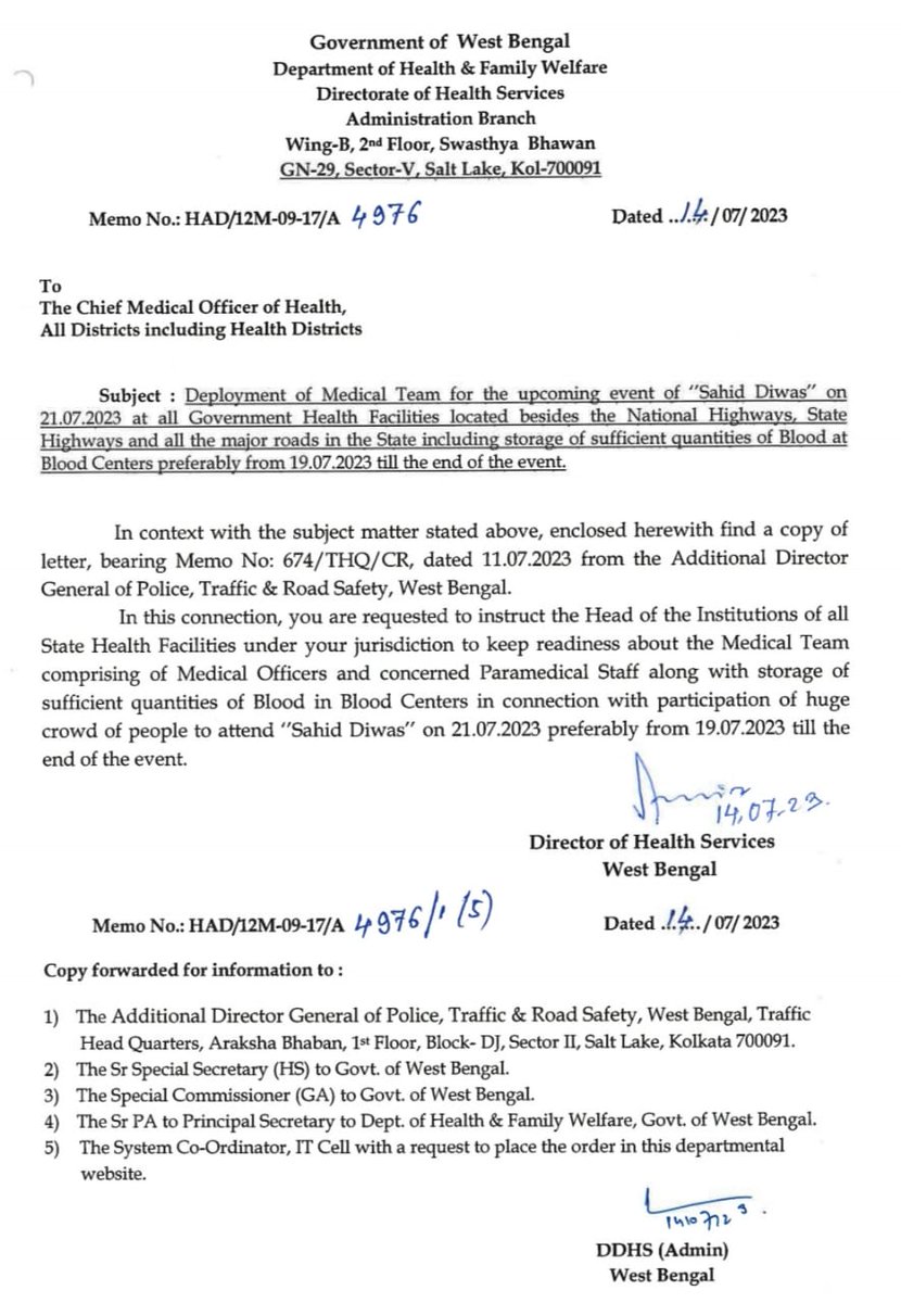 ♦️তৃণমূল কংগ্রেসের <a href="/MamataOfficial/">Mamata Banerjee</a> রাজনৈতিক সমাবেশ "২১ শে জুলাই শহীদ দিবস" উপলক্ষে বিভিন্ন সড়কের আশেপাশে সরকারি নির্দেশে <a href="/wbdhfw/">Department of Health & Family Welfare, West Bengal</a> ডাক্তার-নার্স-স্বাস্থ্য কর্মীদের মেডিকেল টিম মজুতের বিরুদ্ধে মেডিকেল সার্ভিস সেন্টারের (<a href="/MSCcc1977/">Medical Service Centre</a> )প্রতিবাদ ♦️

#21July 
#opposeDoctorDeployment