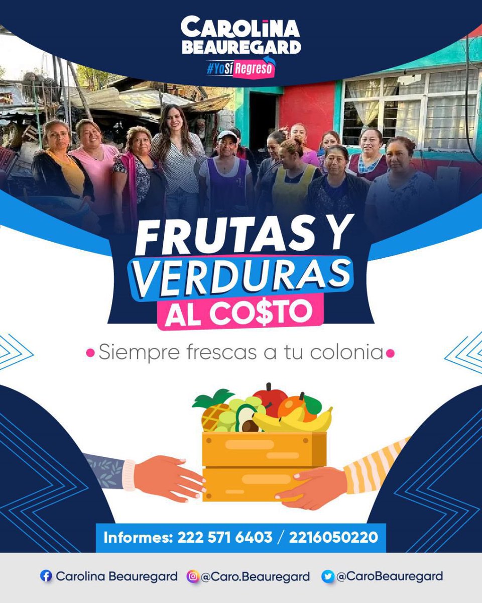 CaroBeauregard's tweet photo. Con el programa Frutas y Verduras #AlCosto, apoyamos la economía de las familias poblanas. 🧺🍎🥦
 
Si quieres llevarlo a tu colonia, escríbeme y juntos lo gestionamos.
 
¡#YoSíRegreso y cumplo mi palabra!🙋🏻‍♀️ https://t.co/1b3y9sVH2c