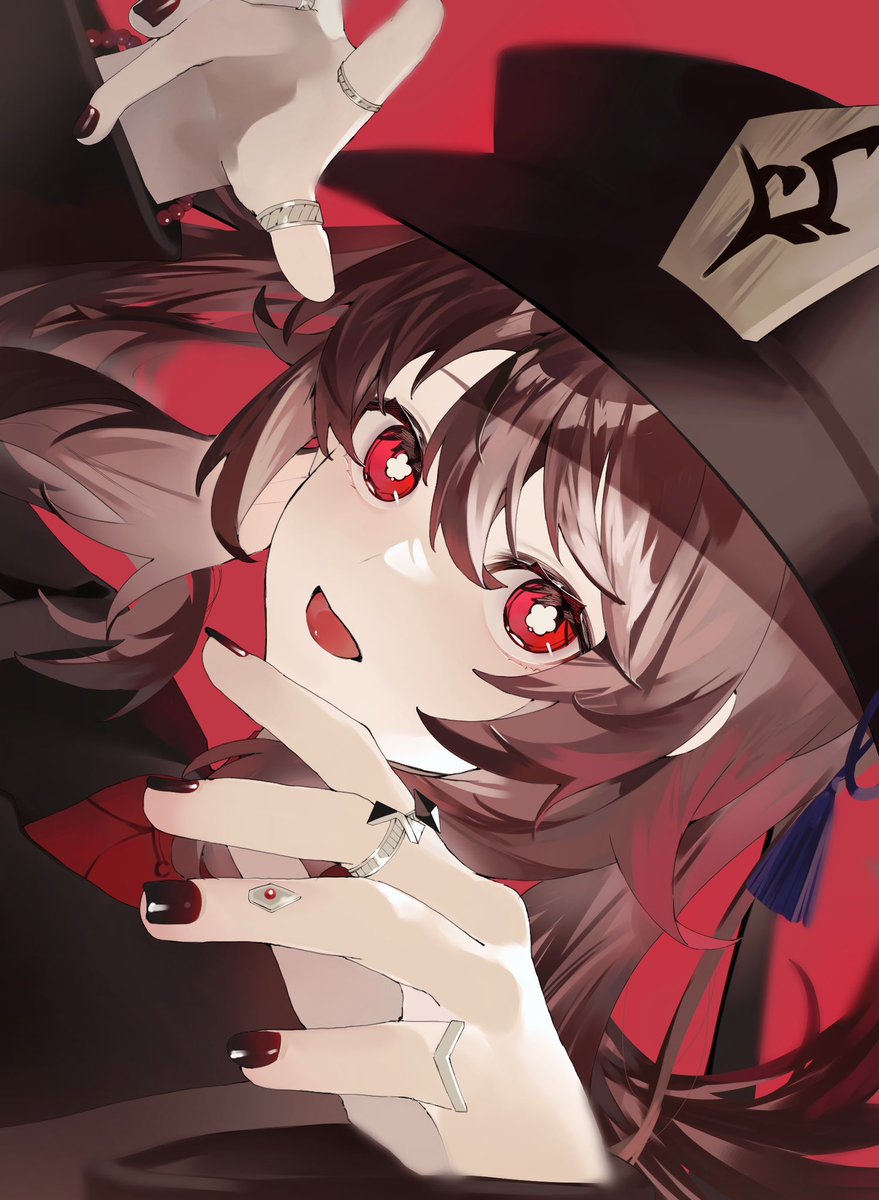 hu tao (genshin impact) 1girl ring red eyes jewelry brown hair hat solo  illustration images