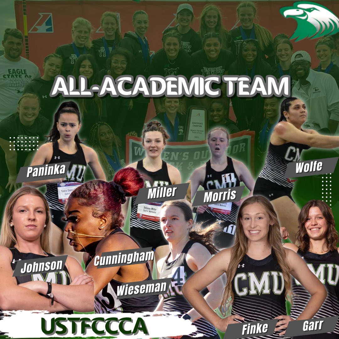 cmueaglesXCTF's tweet photo. As announced by the USTFCCCA, the CMU Women’s squad was named All-Academic Team, along with these 9 young women who were named All-Academic Athletes

Keiara Cunningham 
Renee Finke
Nat Garr
KJ Johnson
Yani Paninka
Delaney Miller
Baileigh Morris
Karli Wolfe
Maddie Wieseman
🦅🦅 https://t.co/rIrj3sEeJ3