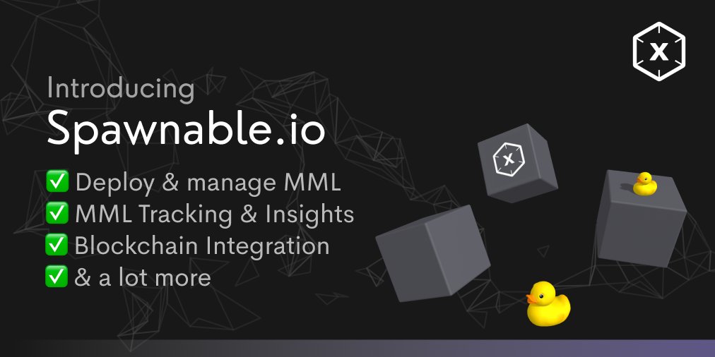 ⚡️ (Finally) Introducing Spawnable: spawnable.io

– a platform to help accelerate building the open Metaverse, based on <a href="/MSquared_io/">MSquared (M²)</a> technology.

Features in the works include:
✅ Seamless deployment of MML 3D objects
✅ In-depth event tracking of MML objects
✅