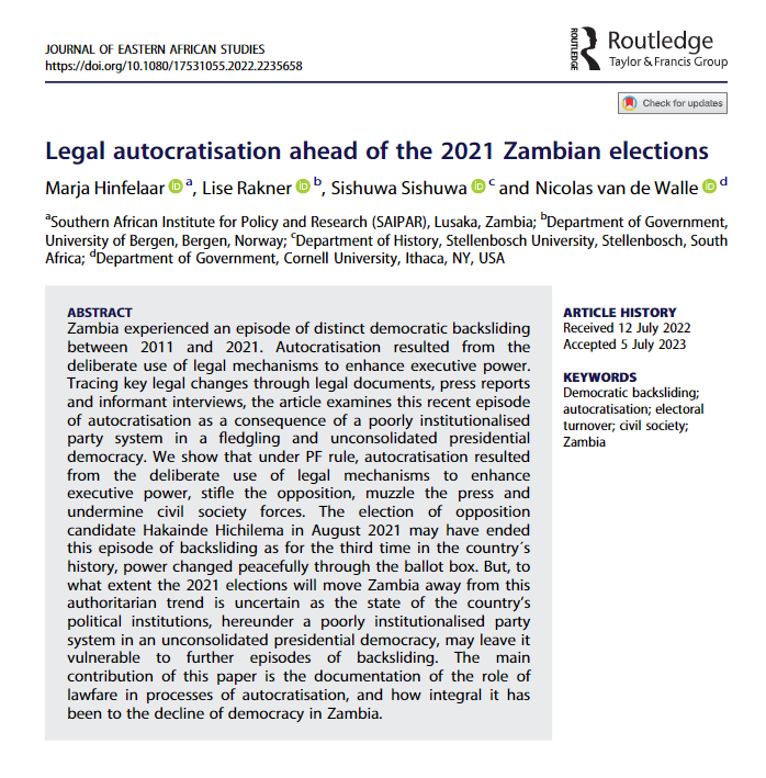 Now online: 
Legal autocratisation ahead of the 2021 #Zambia|n elections
by Marja Hinfelaar, @li63ra, @sSishuwa & @NVDW25 
doi.org/10.1080/175310…
Part of a special issue on 'Incumbency in Africa'