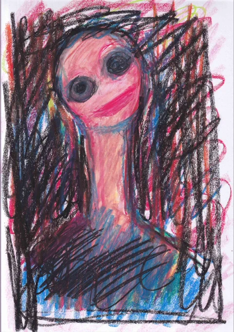 これは「わたしの家族飼育日記」の小学生の頭がおかしい女の子ルルが描いた殺人鬼や死刑囚が描いたような絵を再現するためにセリアでクレヨンと画用紙買ってきて描いたやつ 
