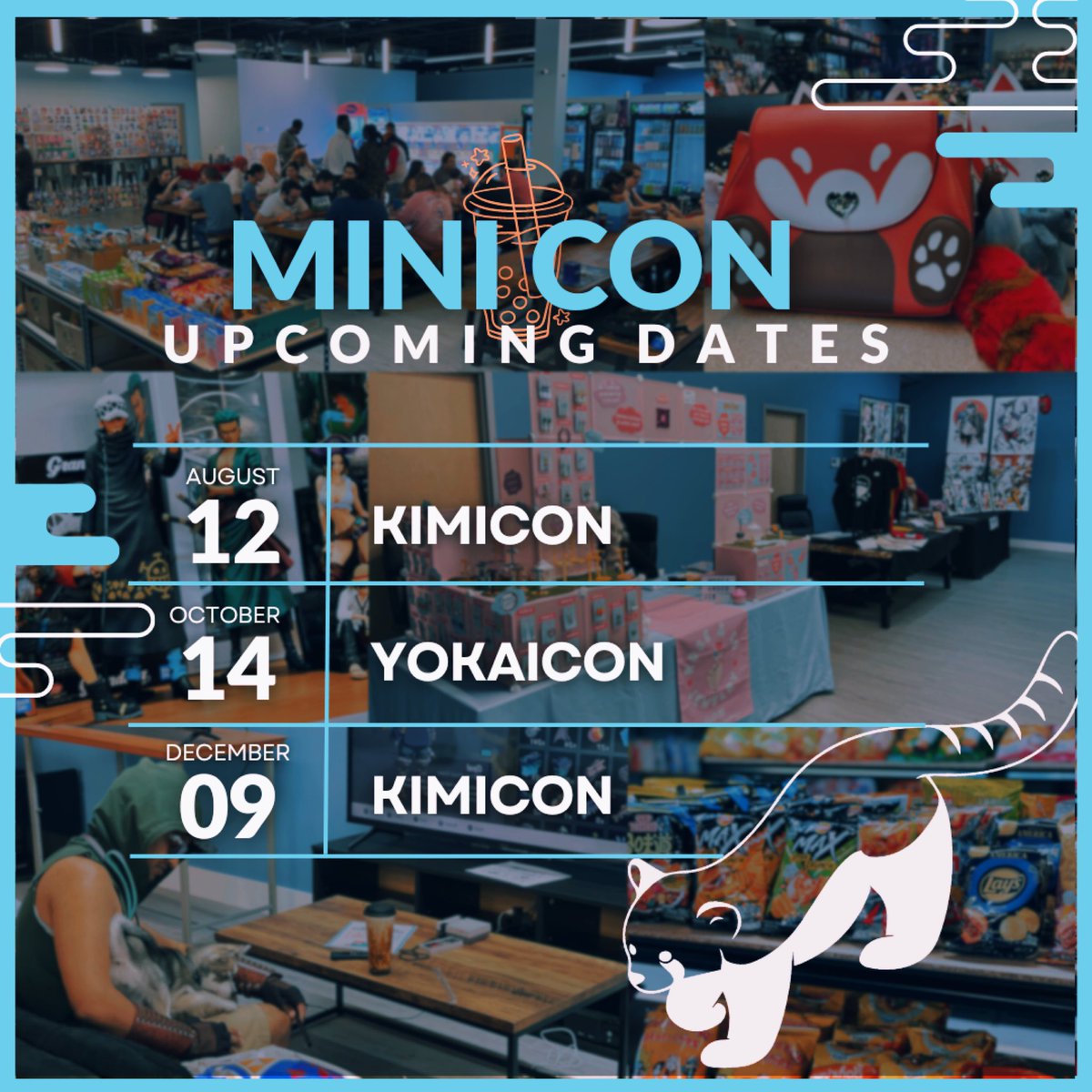 GuildhallGG's tweet photo. Event Announcement! The following dates are for our in-store Mini conventions we plan on having throughout the rest of the year including the return of @yokaicon!

Vendor applications are now live and can be found via the link on our Beacons page in our bio.

August 12th, our second Kimicon will be a $10 ticketed event at the door that will include: An Artist/Vendor alley, open PC and Console play, Panel Games, cosplay photography, boba, snacks, and more!