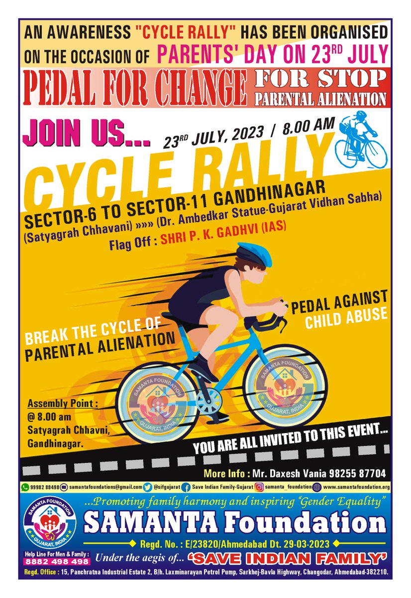 Let's #PedalForChange.
Join us '#CycleRally for #ParentalAlienationAwareness' on the occasion of upcoming #ParentsDay on 23rd July in Gandhinagar.
#ChildRights
#EqualParenting
@MinistryWCD
@WCDGujarat
@NCPCR_
@UNICEFIndia
@India_NHRC
@CRYINDIA

@MenWelfare
@vaastavngo
@sifgujarat