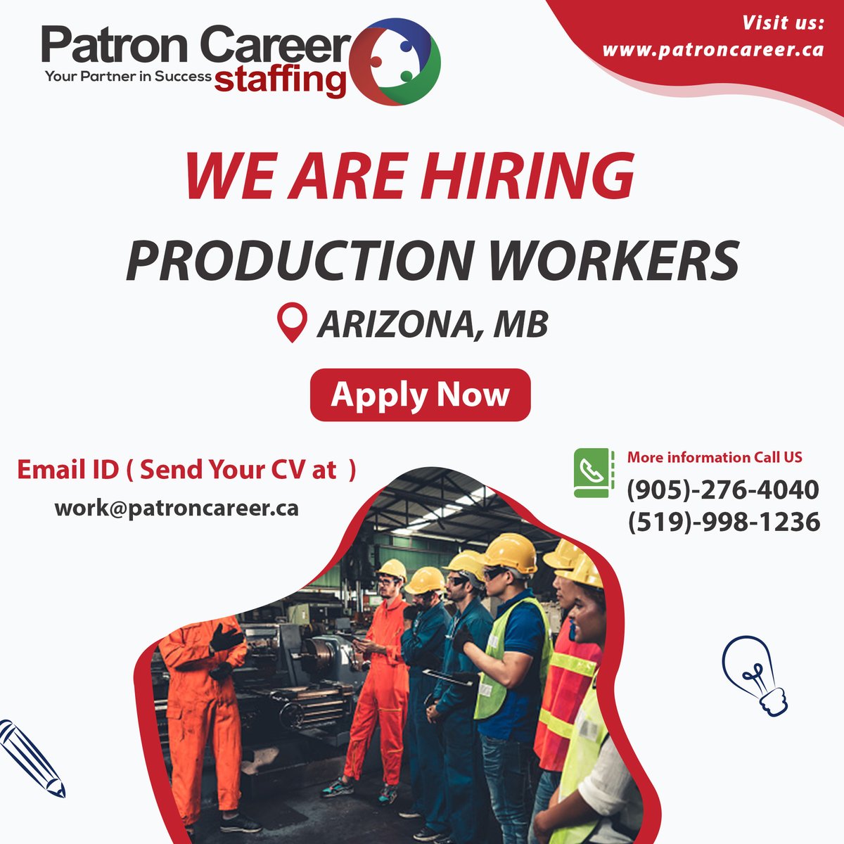 👷We Are Hiring Production Workers

✅Full-Time Job
✅Location: Arizona, MB

Apply Today: patroncareer.ca/Job_Apply_Form…

Call Now:
(905)-276-4040

Email Your CV: work@patroncareer.ca

#wearehiring #canada #productionworkers #arizonamb #productionjobs #jobsearching #jobsincanada